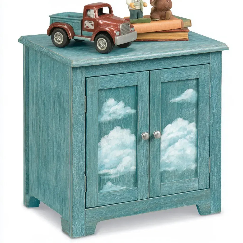 Aparador con puertas con decoración de nubes - turquesa/blanco