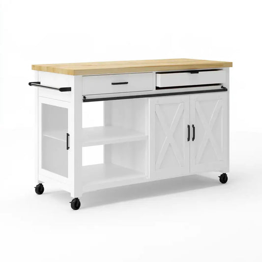 Isla de cocina con puertas inferiores y estantes laterales - blanco/beige