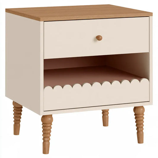 Mesita de noche con cajón y borde ondulado - beige