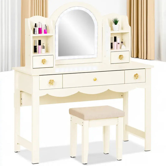 Tocador con espejo arqueado y estantes laterales - beige